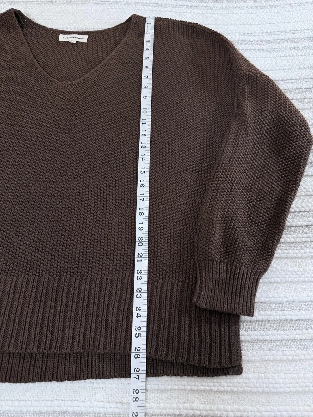 Lucky Brand Cotton Blend Chocolate Brown Textured Knit V-Neck Sweater Women’s L
